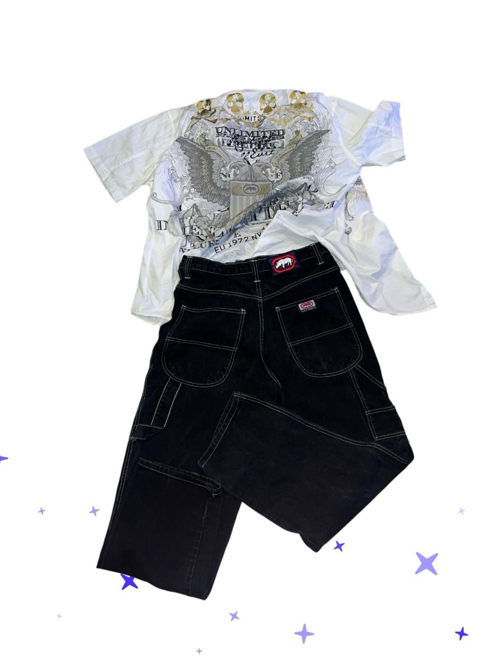 VTG ECKO Baggy black carpenter skater hip hop denim jeans and AOP ECKO shirt
